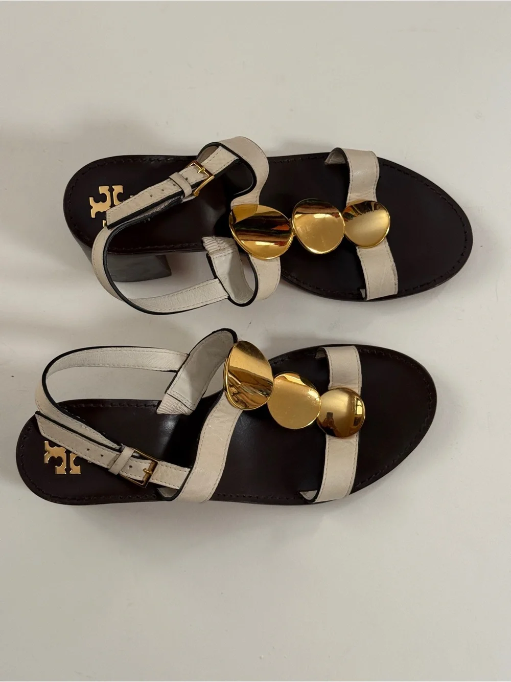 Tory Burch White Leather Sandals with Gold Disc Detail